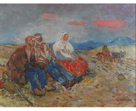 ▲ Reg Gammon (1894-1997) Figures on a mountain pathsigned 'Gammon' l.r., oil on board45 x 57cmProvenance: The collection of R
