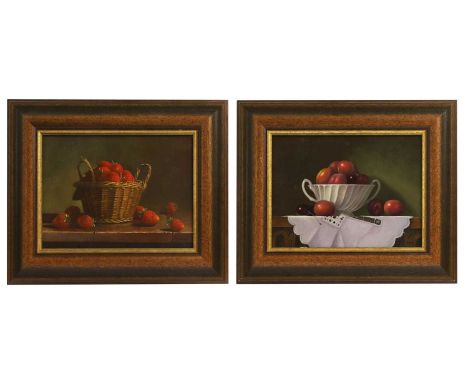 ▲ Ian Parker (b.1955) A basket of strawberries;A bowl of plumsa pair, both signed 'I PARKER' l.r., oil on canvas board 23.5 x