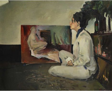 Yelena Telegina (contemporary) 'Meditative Reflections'signed in Cyrillic l.r., also signed and inscribed verso, oil on canva