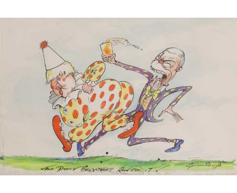 ▲ Gerald Scarfe (b.1936) 'Two Dodgy Brexiteers Run for It!’, a Boris Johnson and Nigel Farage satire, signed 'Gerald Scarfe' 
