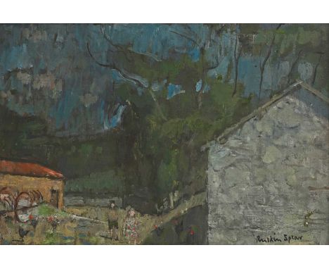 ▲ Ruskin Spear RA (1911-1990) Figures and chickens in a farmyardsigned 'Ruskin Spear' l.r., oil on board24.5 x 35cmCondition 