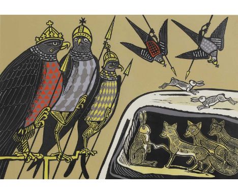 ▲ Edward Bawden RA (1903-1989) 'Hares, Foxes and Eagles' (MG 092)linocut in colours, 1970, from 'Aesop's Fables', signed 'Edw