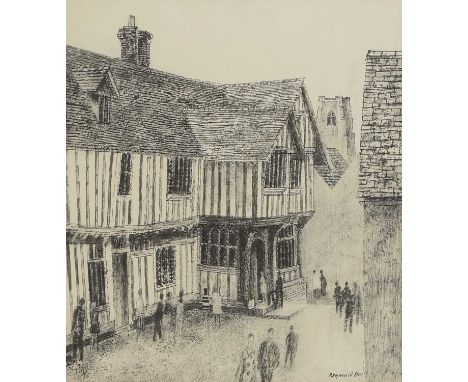 ▲ Reginald Brill (1902-1974) A village scene, believed to be Lavenham Guildhall with St Peter and St Paul's Church in the dis