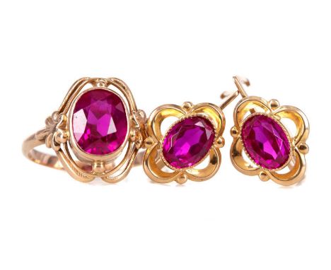 RUSSIAN SYNTHETIC RUBY RING AND PAIR OF EARRINGS,in fourteen carat gold, the ring size N, 8g gross (2)