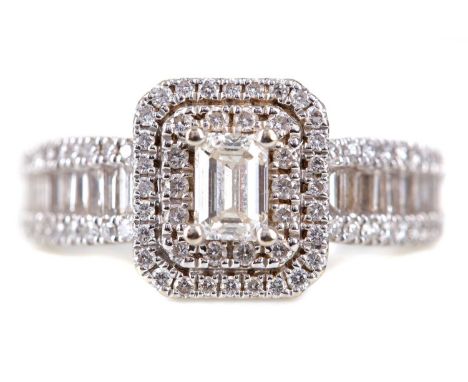 VERA WANG 'LOVE' DIAMOND RING,the central emerald cut diamond within a double halo of round brilliant cut diamonds, on baguet