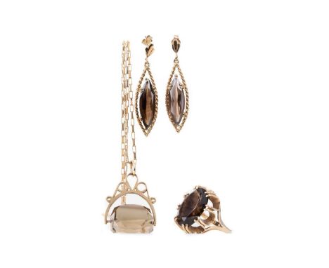 COLLECTION OF SMOKY QUARTZ JEWELLERY,comprising swivel fob pendant, ring and pair of earrings, each in nine carat gold, 21.8g