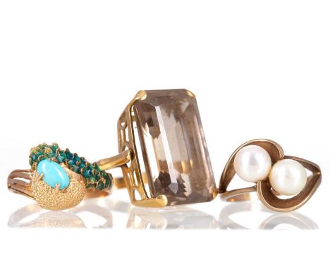 CULTURED PEARL DRESS RING,in nine carat gold, along with a smoky quartz ring, unmarked, and a turquoise ring, indistinctly ma