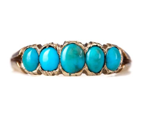 TURQUOISE FIVE STONE RING,set with cabochon stones, unmarked, size N, 1.9gGenerally worn.&nbsp;Minor abrasions to the stones.