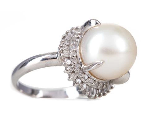 PEARL AND DIAMOND RING,the spherical pearl within a halo of round brilliant and baguette cut diamonds totalling approximately