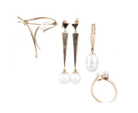 COLLECTION OF PEARL JEWELLERY,comprising brooch and ring, each marked for nine carat gold and pendant with matching earrings,