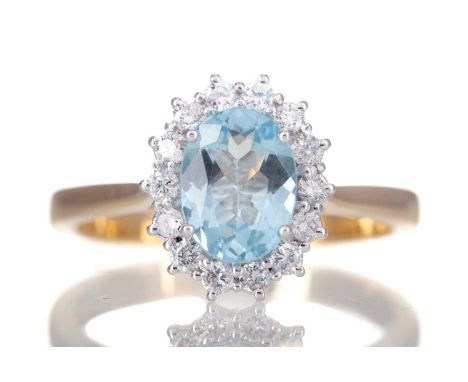 AQUAMARINE AND DIAMOND CLUSTER RING,set with an aquamarine of approximately 1.96 carats, within a round brilliant cut diamond