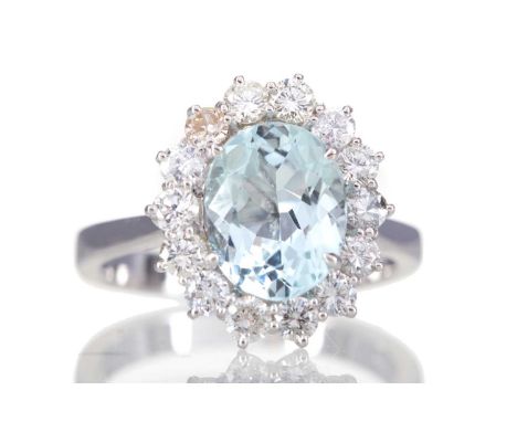 AQUAMARINE AND DIAMOND CUSTER RING,the oval aquamarine of approximately 2.21 carats, within a halo of round brilliant cut dia