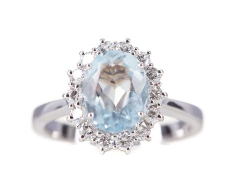 AQUAMARINE AND DIAMOND CLUSTER RING,the oval aquamarine of approximately 2.10 carats, within a round brilliant cut diamond ha
