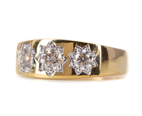 DIAMOND GYPSY RING,set with three round brilliant cut diamonds totalling approximately 1.04 carats, marked 9K, size Q, 6.9g
