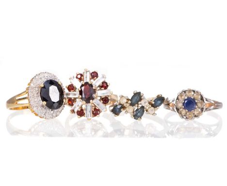 SAPPHIRE AND DIAMOND CLUSTER RING,silver gilt, along with three gem set cluster rings, two in nine carat gold and one in yell