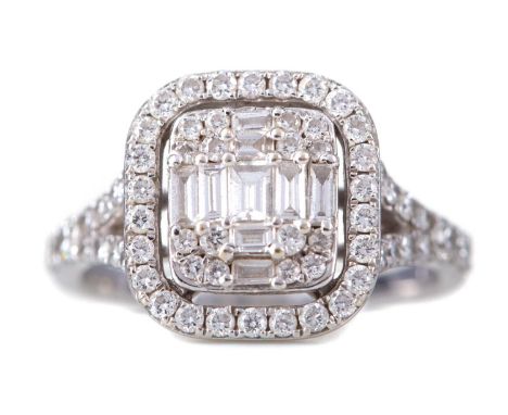 DIAMOND DRESS RING,set with round and baguette cut diamonds totalling approximately 1.00 carats, in eighteen carat white gold