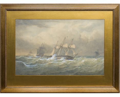 JOHN CHRISTIAN SCHETKY (SCOTTISH 1778 - 1874),HMS BELLEROPHON SCUDDING BEFORE A GALEwatercolour on paper, signed lower left, 