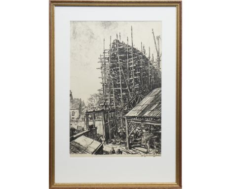 * SIR DAVID MUIRHEAD BONE (SCOTTISH 1876 - 1953), SHIP BUILDING lithograph, signed 50cm x 33.5cm Mounted, framed and under gl