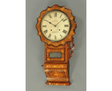 A Victorian walnut marquetry wall clock, with eight day striking American movement, the base marked "R. Sutton, Whitehaven". 