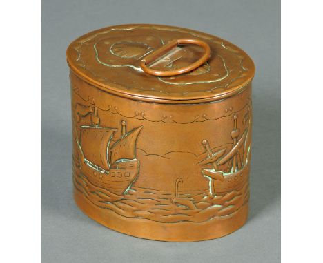 Newlyn School, a copper caddy, oval, decorated in relief with shells and boats, impressed to base "Newlyn".  Height 12 cm, wi