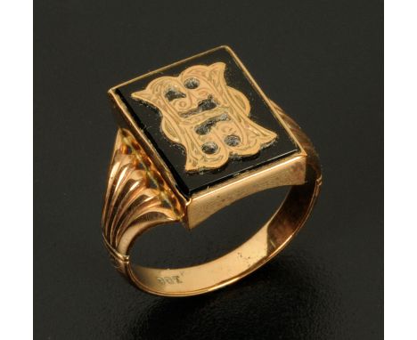 A 9 ct gold black enamel signet ring.