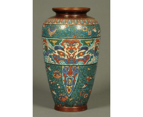 A Chinese Champleve enamel vase, decorated with repeating designs.  Height 36 cm. 