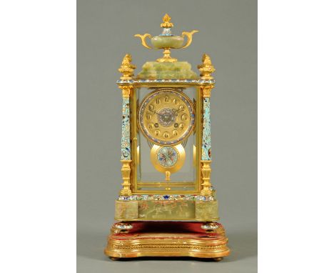 A Victorian Champleve enamel and onyx mantle clock, with Arabic numerals and French A.D. Mougin two-train striking movement. 