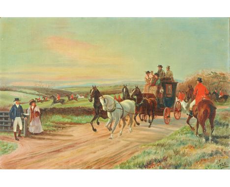 U*** F***, oil painting on canvas, hunting scene with coach and horses.  40 cm x 61 cm, initialled and dated 1921.