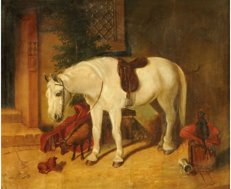 Style of George Morland, oil painting on canvas, horse, goat and dog.  60 cm x 74 cm, framed.  CONDITION REPORT: The painting