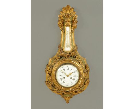 A 19th century French Cartel clock, with combined thermometer, the case giltwood and gesso, the movement two-train.  Dial dia