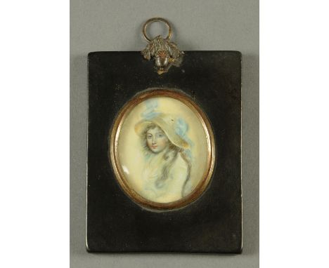 A portrait miniature, on ivory, Georgian lady wearing a white dress and straw bonnet, oval.  70 mm x 60 mm, with acorn and oa