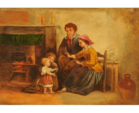 Barnes, 19th century oil painting on canvas, "Baby's First Step".  25 cm x 34 cm, framed.