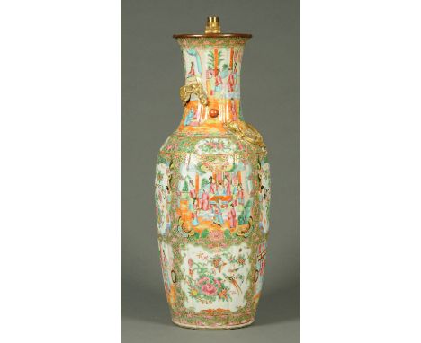 A Chinese 19th century Famille Rose floor vase, converted to a lamp and with applied gilt dragons to the neck.  Height 62 cm 