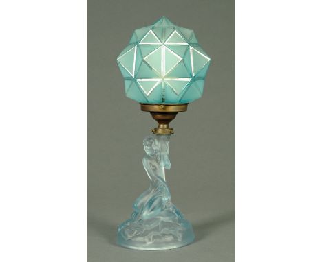 An Art Deco Riedel Walther Sohne lamp, in the form of a kneeling lady holding aloft a faceted shade.  Height 41 cm (see illus