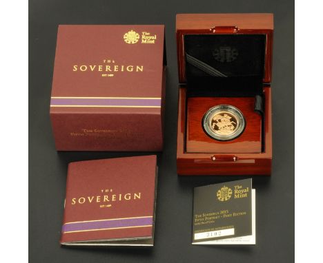 A sovereign 2015, 5th Portrait First Edition gold proof coin, wooden box, with certificate (see illustration).
  