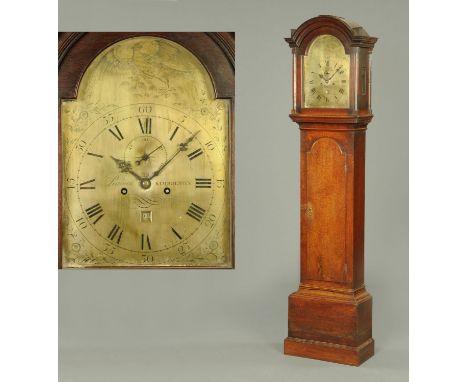 A George III oak longcase clock Peacock Kimbolton, with hoho bird to the arch, subsidiary seconds dial and date aperture, arc