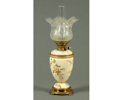 A late 19th century Worcester oil lamp, with Hinks Duplex burner, etched glass shade.  Height including chimney 62 cm.  CONDI