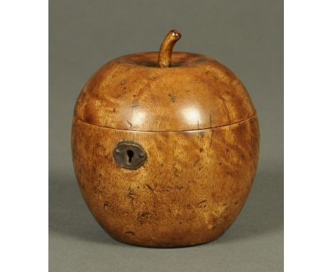 A George III style fruitwood tea caddy, in the form of an apple.  Diameter 11 cm.