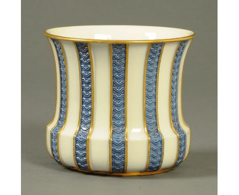 A Royal Worcester planter, green printed mark and ribbed blue and white body highlighted with gilding.  Height 12.5 cm. 