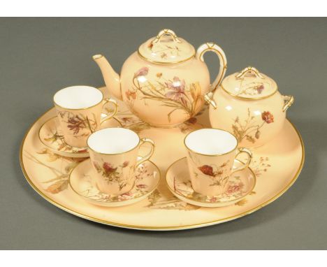 A Victorian Worcester cabaret set, comprising tray, sucrier, three cups and three saucers, puce printed mark to base.  Diamet