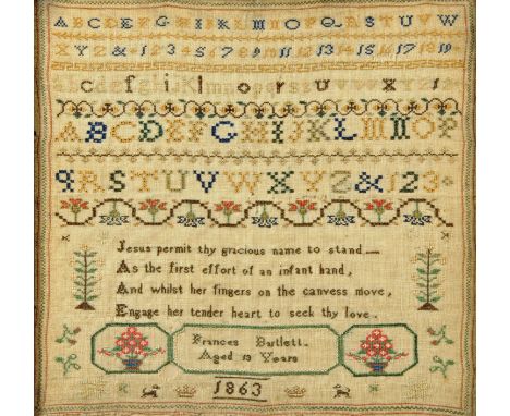 A Victorian sampler, "Francis Bartlett", numbers, alphabet and verse.  30 cm x 31 cm.