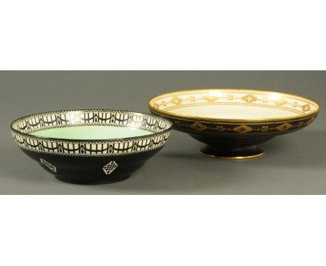 Two Royal Worcester decorative bowls, each with black ground.  Largest diameter 26.5 cm. 