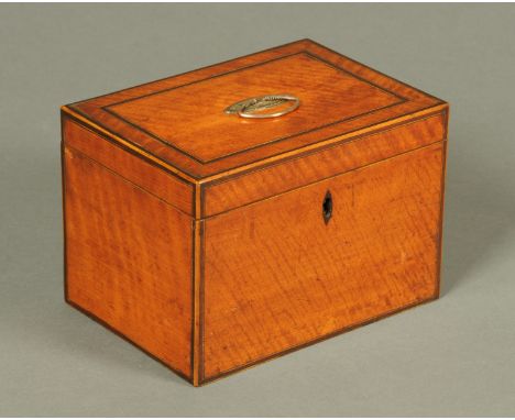 A George III satinwood tea caddy, boxwood and ebony strung, with two interior compartments and silver plated handle.  Width 1