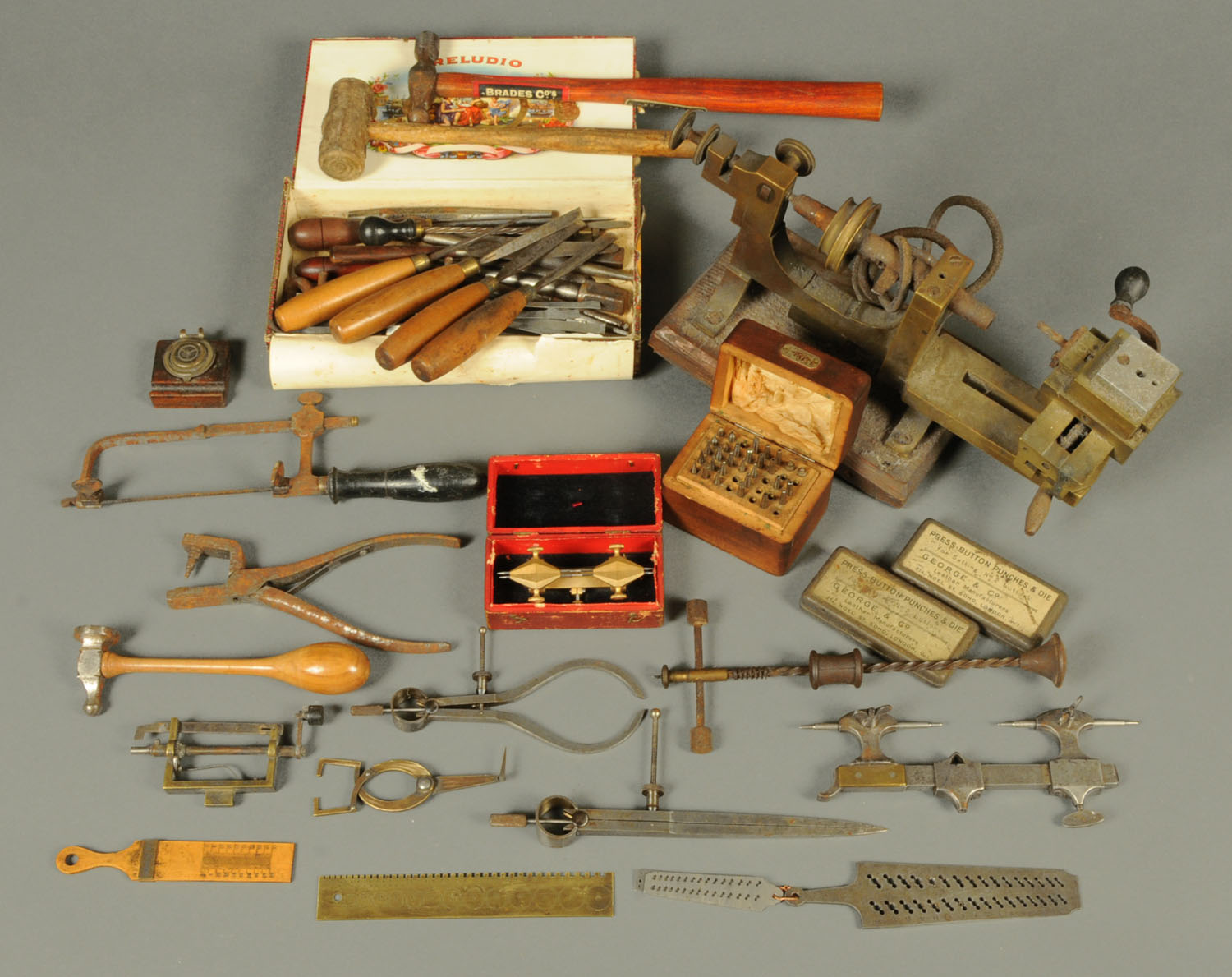A brass clockmakers lathe, and clock and watchmakers tools, including