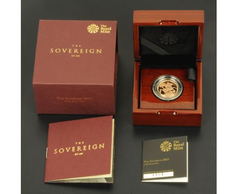 A sovereign 2015, 5th Portrait First Edition gold proof coin, wooden box, with certificate (see illustration).
  