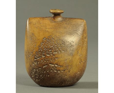 Peter Hayes (b. 1946), a small flask, light brown with textured surface, bulbous base and flat shoulders, impressed seal.   H