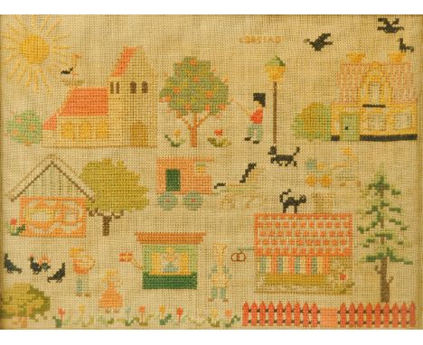 A 19th century sampler, birds, sun, figures, buildings.  21.5 cm x 28.5 cm.