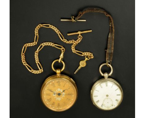 A centre seconds pocket watch, plated, with Roman numerals, foliate engraving to the face, plated chain and silver cased pock