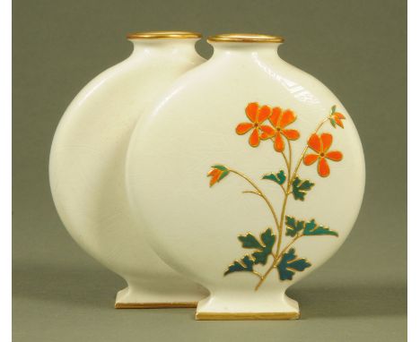 A Royal Worcester double moon flask, decorated with floral sprays, puce mark to base.  Height 14 cm. 