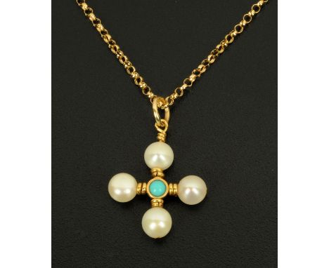 An early Victorian 15 ct gold natural pearl and turquoise cross, circa 1855, on fine gold chain. 